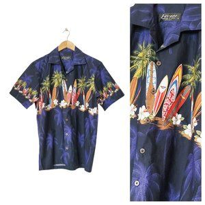 Favant Short Sleeve Button Up 100% Cotton Hawaiian Shirt Palm Tree Surf Boards
